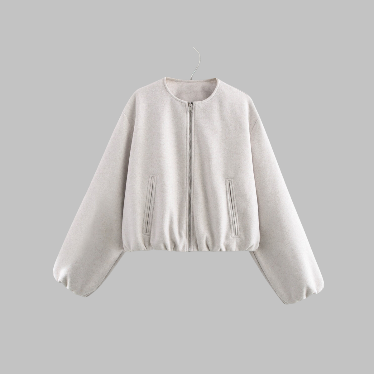Nancy | Collarless Zip Up Pocket Puff Sleeve Oversized Cropped Elasticated Hem Autumn Bomber Jacket Women