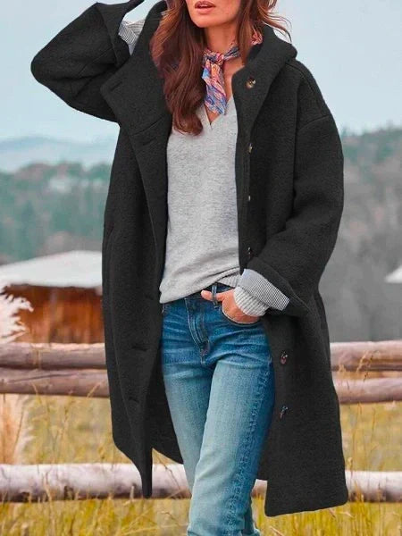 Hooded Longline Wool Coat with Buttons - Raspberry Pink