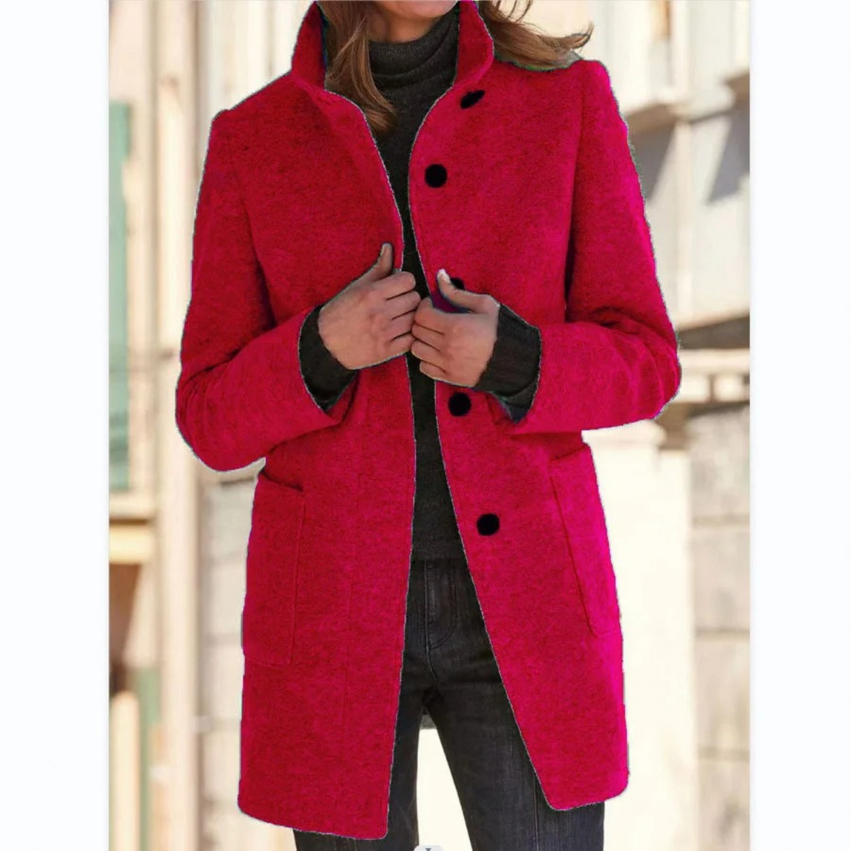 Alana | Funnel Neck Collared Button Pockets Long Autumn Smart Tailored Coat Women