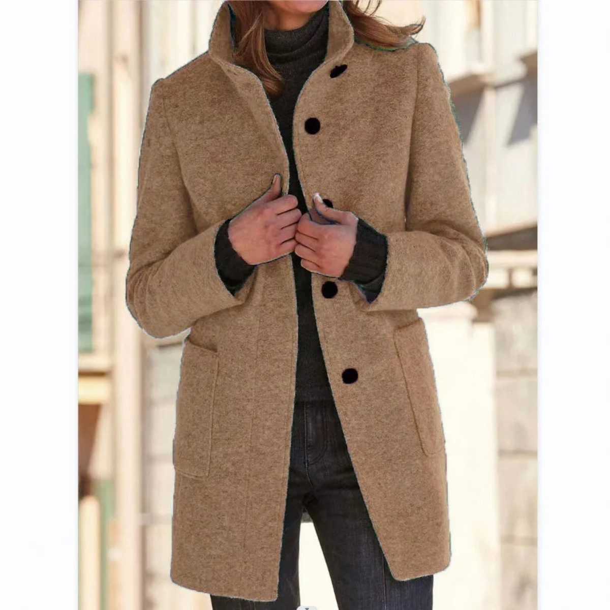 Alana | Funnel Neck Collared Button Pockets Long Autumn Smart Tailored Coat Women