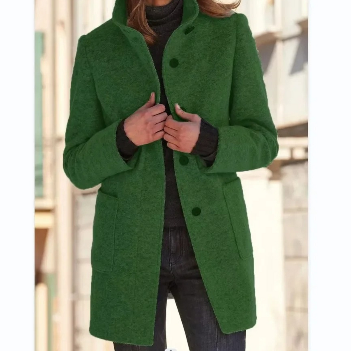 Alana | Funnel Neck Collared Button Pockets Long Autumn Smart Tailored Coat Women