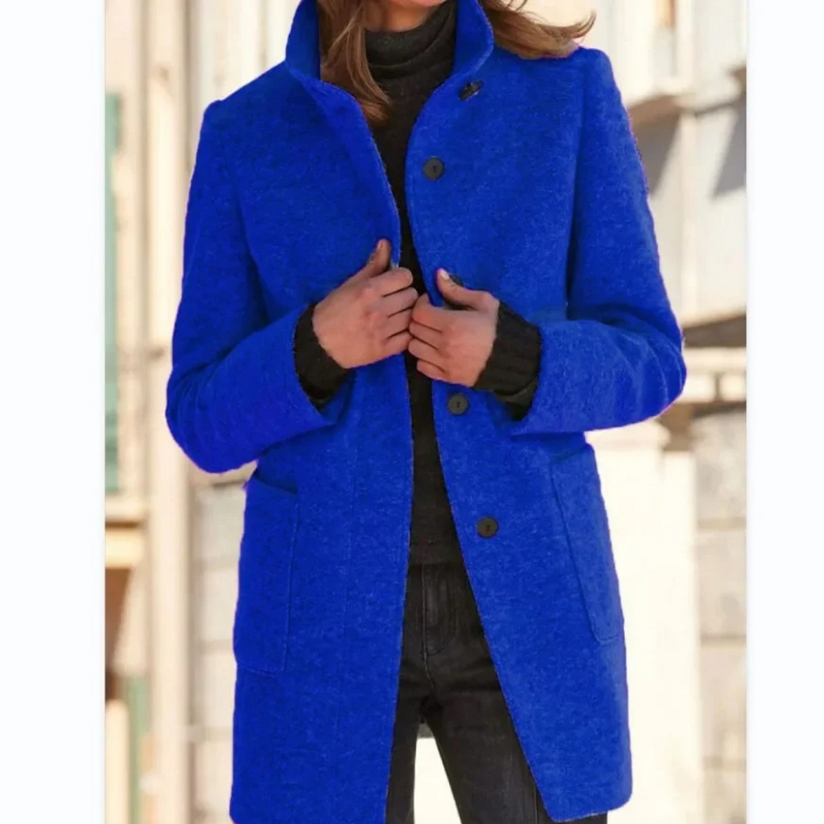 Alana | Funnel Neck Collared Button Pockets Long Autumn Smart Tailored Coat Women