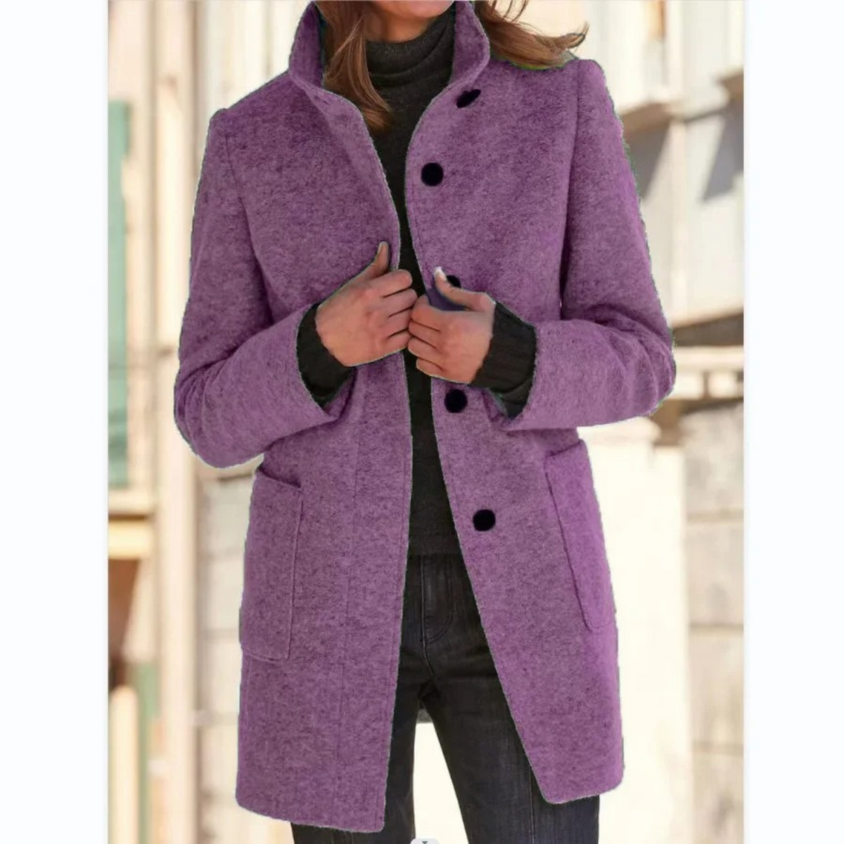 Alana | Funnel Neck Collared Button Pockets Long Autumn Smart Tailored Coat Women