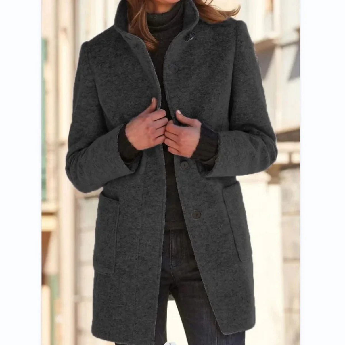 Alana | Funnel Neck Collared Button Pockets Long Autumn Smart Tailored Coat Women