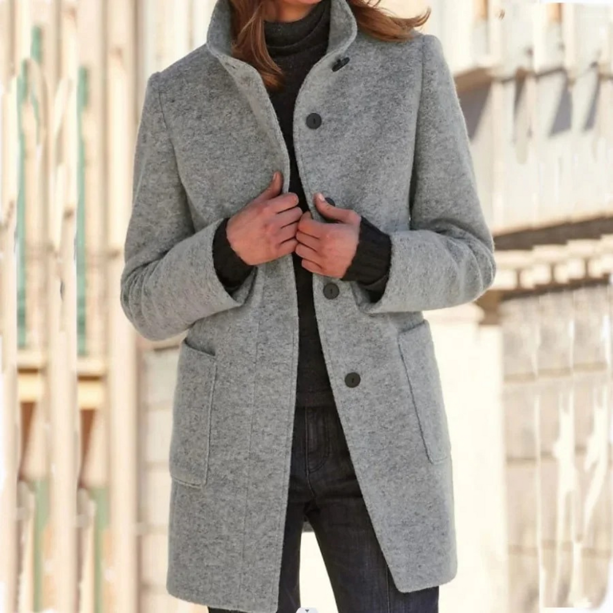 Alana | Funnel Neck Collared Button Pockets Long Autumn Smart Tailored Coat Women