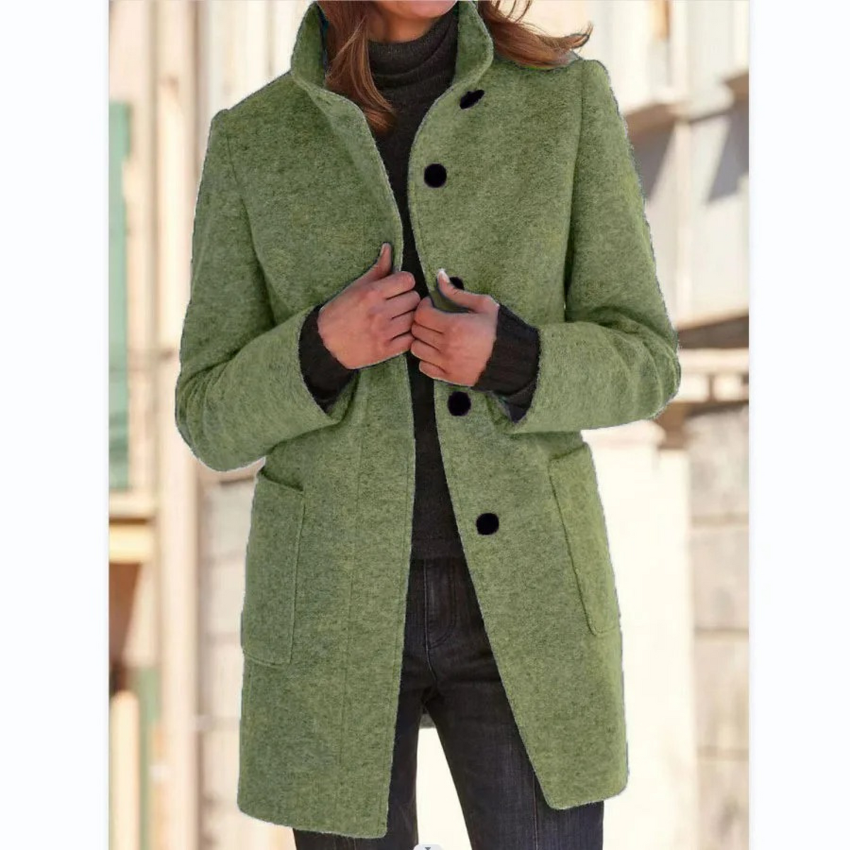 Alana | Funnel Neck Collared Button Pockets Long Autumn Smart Tailored Coat Women