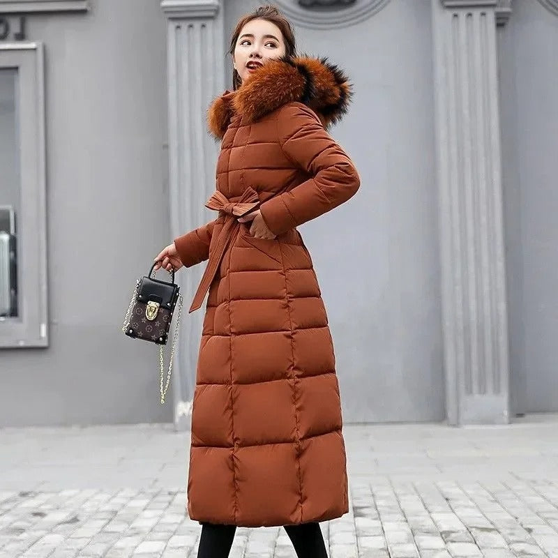 Kayla | Winter Belted Fitted Faux Fur Hood Long Quilted Padded Coat Women