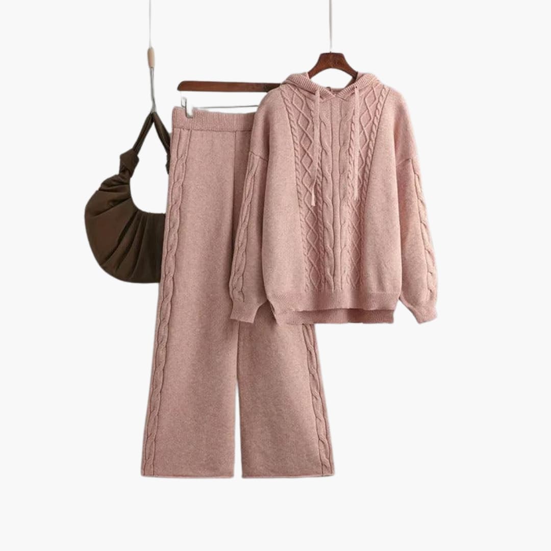 Nell | Knitted Long Sleeve Oversized Hooded Autumn Winter Wide Leg Trouser Co Ord Set Women