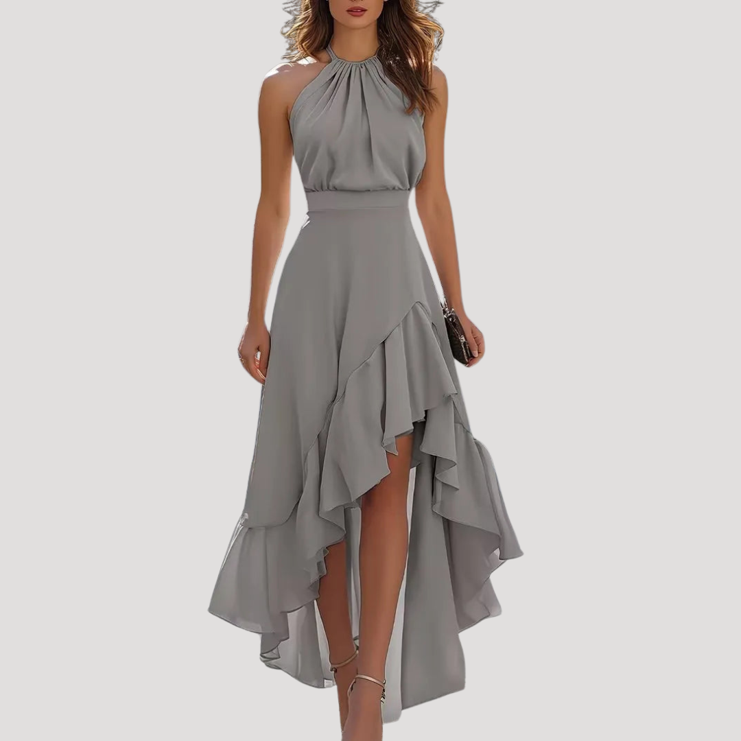 Wren | Halter Ruffled Asymmetric Flowy High Waisted Maxi Occasion Evening Dress Women
