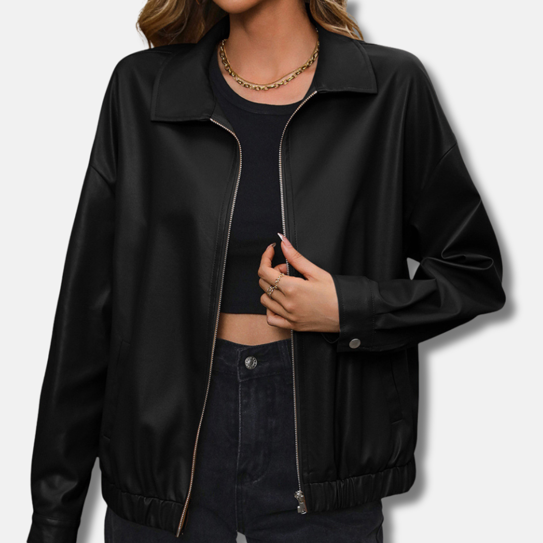 Beth | Collared Zip Up Pocket Elasticated Hem Autumn Faux Leather Oversized Bomber Jacket Women