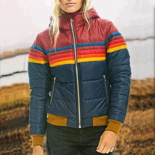 Lana | Striped Colour Block Quilted Collared Zip Up Winter Bomber Jacket Women