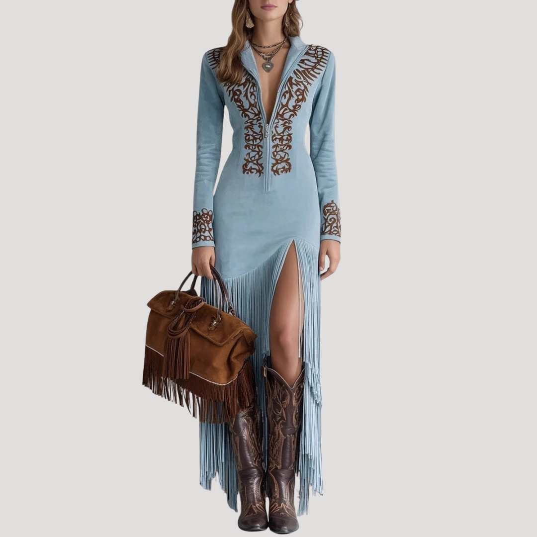 Selma | Faux Suede Embroidered Fringe Slit Long Sleeve Maxi Autumn Party Dress Ladies