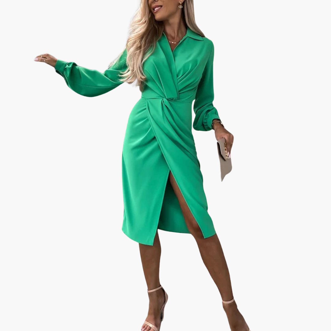 Nora | Ruched Collar Long Sleeve Slit Midi Twist Front Autumn Dinner Wrap Dress Women