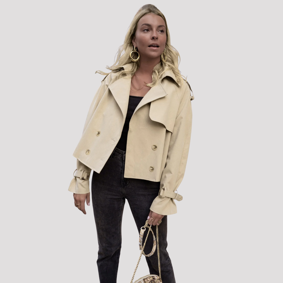 Pearl | Oversized Double Breasted Buckle Collared Autumn Smart Cropped Trench Coat Ladies