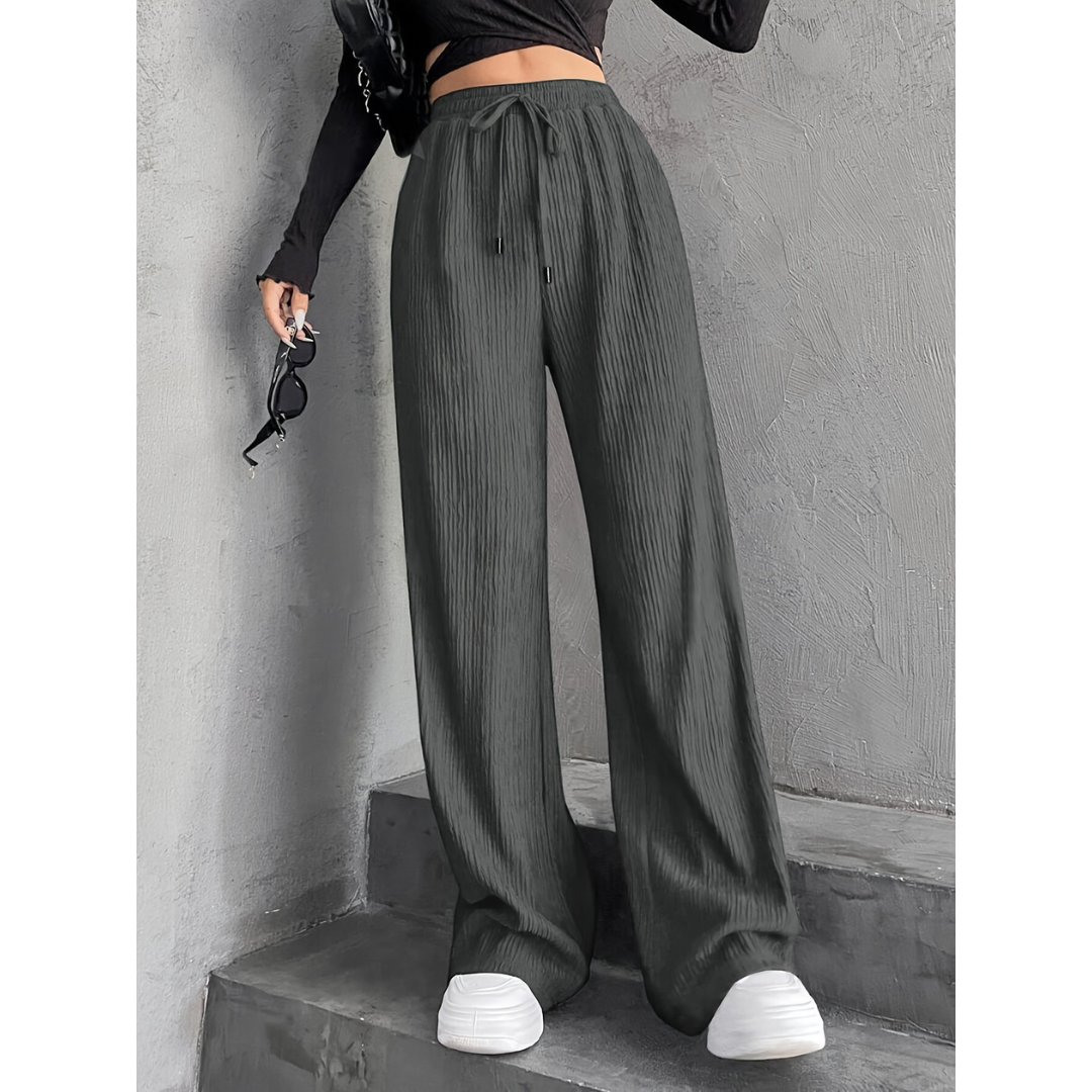 Faye | Knitted Loose Ribbed Drawstring Elasticated High Waisted Flowy Wide Leg Trousers Women