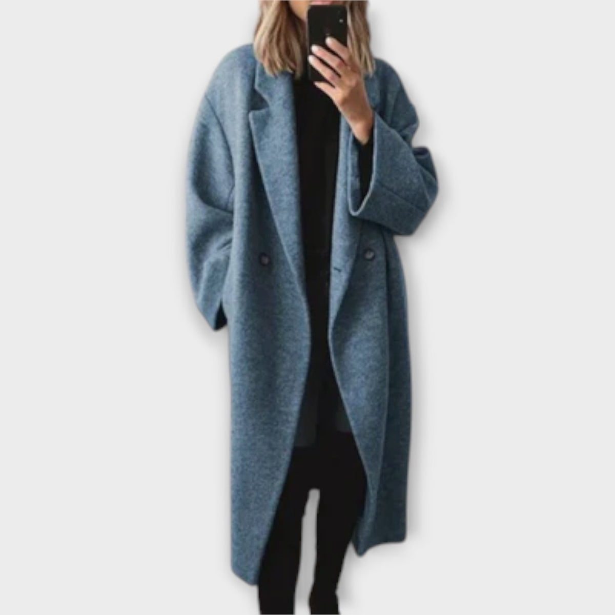 Oversized Longline Wool Coat, Open Front - Steel Blue