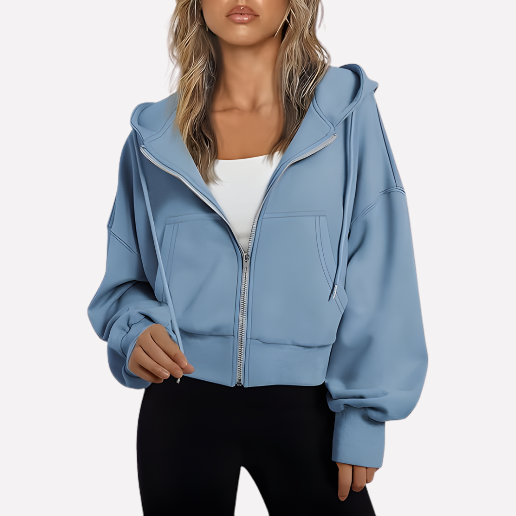 Coco | Zip Up Drawstring Ribbed Pockets Long Sleeve Oversized Autumn Cropped Hoodie Women