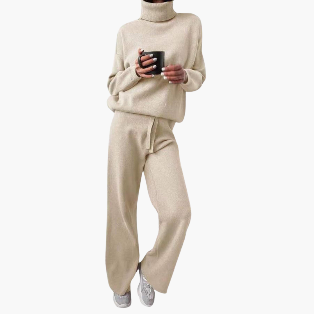 Shay | Long Sleeve High Neck Oversized Knitted Wide Leg Trouser Tie Waist Co Ord Set Women