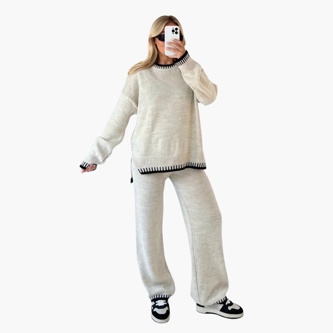 Elodie | Knitted Long Sleeve Oversized Autumn Winter Wide Leg Trouser Co Ord Set Women