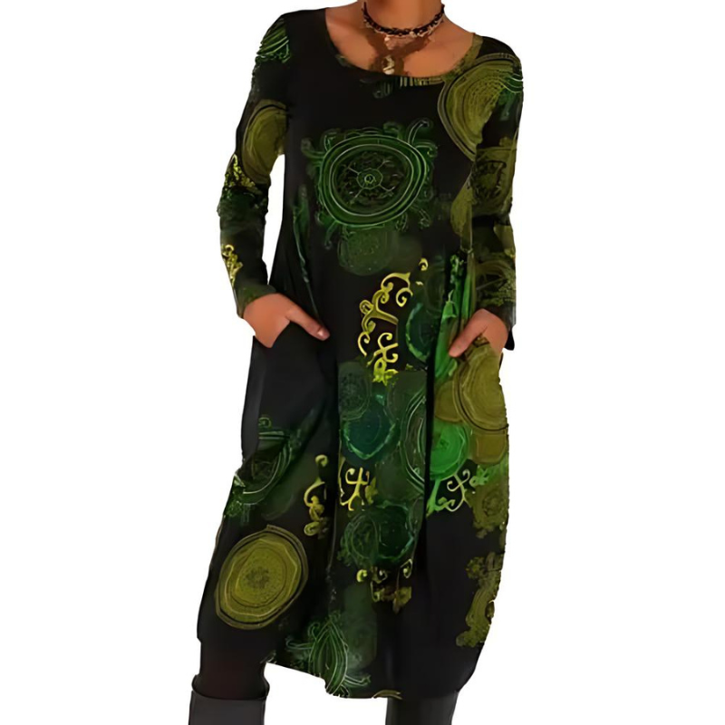 Maya | Flowy Printed Pocket Autumn Midi Long Sleeve Dress Women