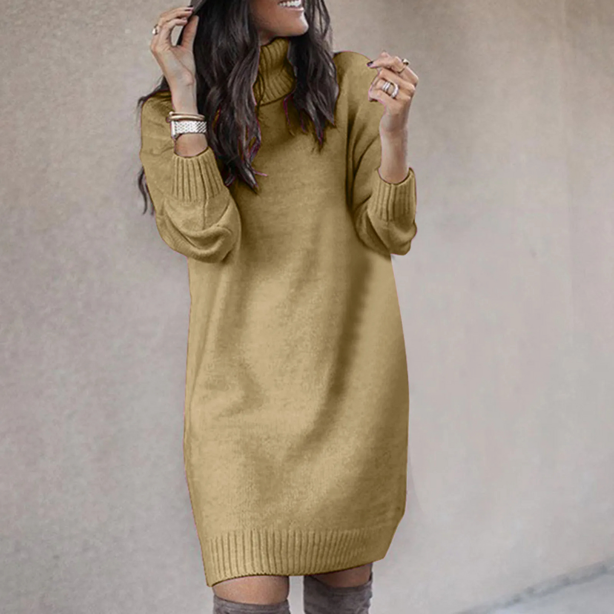 Hana | Knitted Roll Neck Long Sleeve Oversized Autumn Winter Tunic Mini Jumper Dress Women