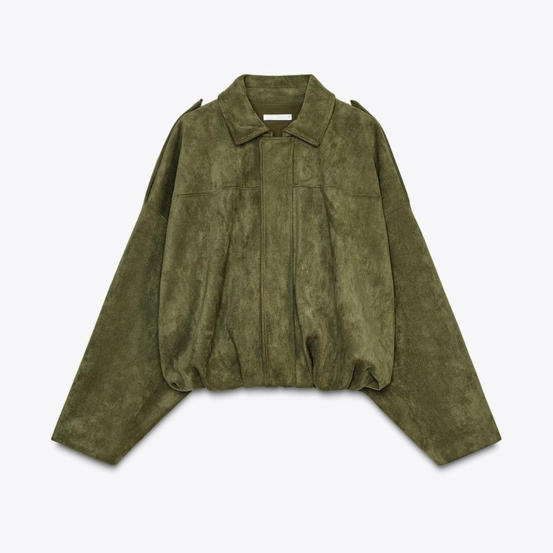 Clem | Collared Zip Up Faux Suede Oversized Boxy Cropped Elasticated Hem Autumn Bomber Jacket Women