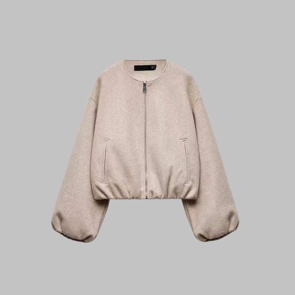 Nancy | Collarless Zip Up Pocket Puff Sleeve Oversized Cropped Elasticated Hem Autumn Bomber Jacket Women