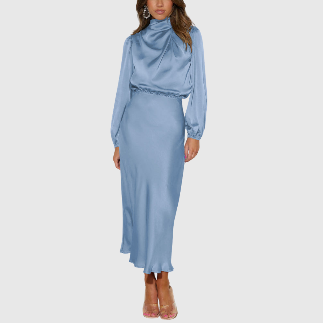 Elodie | Modest High Neck Draped Long Sleeve Elasticated Waist Satin Midi Wedding Guest Evening Dress Women