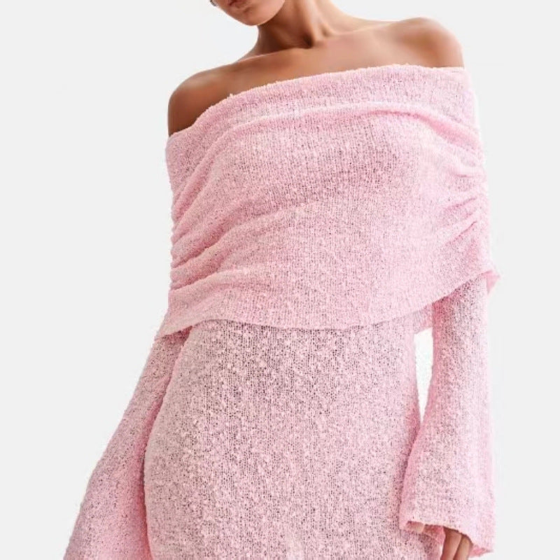 Rae | Knitted Off Shoulder Long Sleeve Ruched Autumn Bodycon Mini Jumper Dress Women