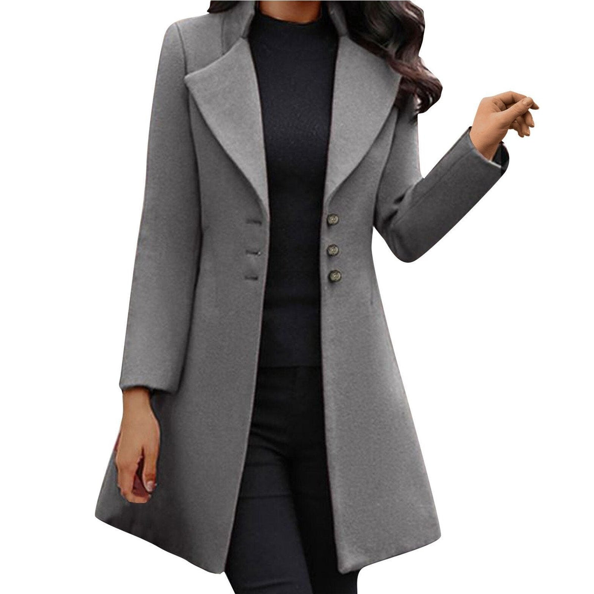 Mid-Length Lapel Coat with Button Front - Black