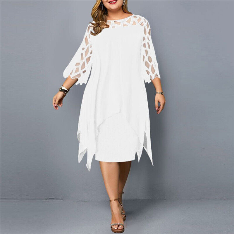 Ruby | Plus Size Embroidered Mesh Sheer Chiffon Asymmetric Midi 3/4 Sleeve Occasion Cocktail Dress Ladies