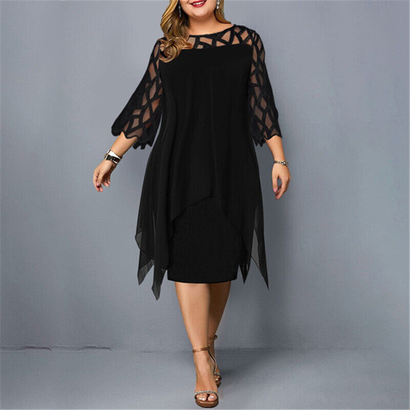 Ruby | Plus Size Embroidered Mesh Sheer Chiffon Asymmetric Midi 3/4 Sleeve Occasion Cocktail Dress Ladies