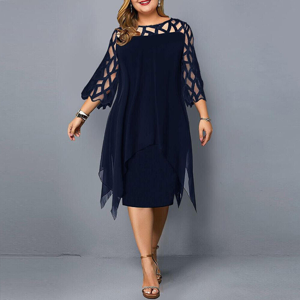 Ruby | Plus Size Embroidered Mesh Sheer Chiffon Asymmetric Midi 3/4 Sleeve Occasion Cocktail Dress Ladies