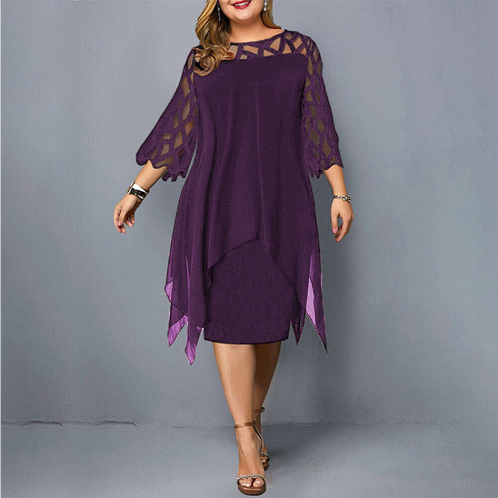 Ruby | Plus Size Embroidered Mesh Sheer Chiffon Asymmetric Midi 3/4 Sleeve Occasion Cocktail Dress Ladies