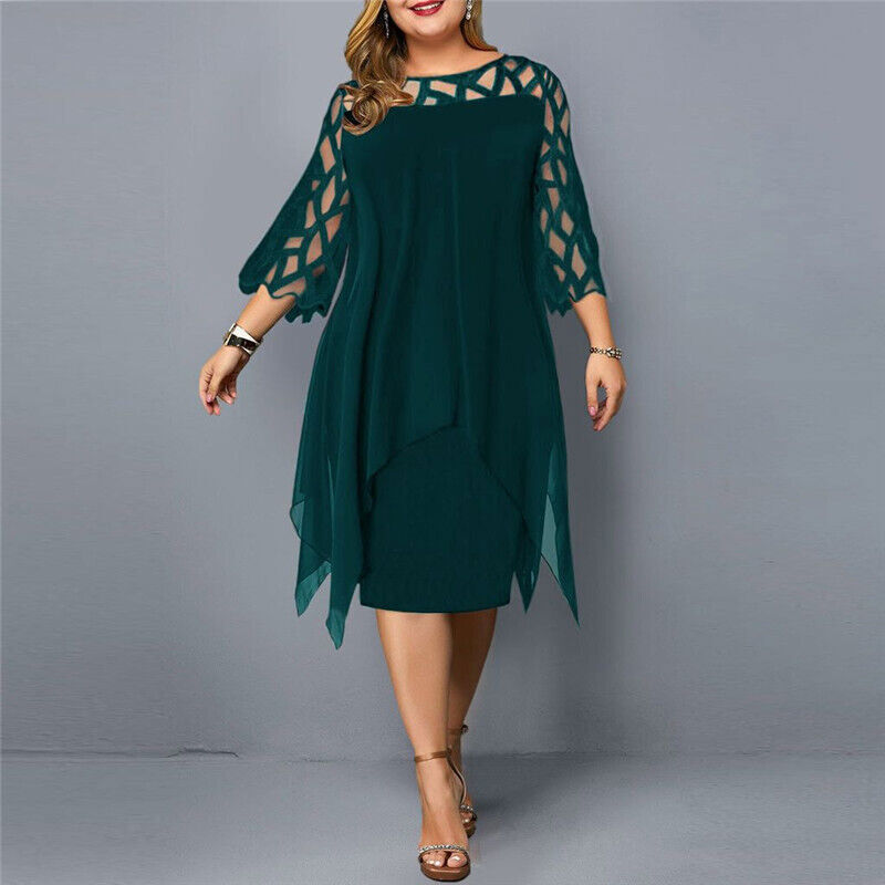 Ruby | Plus Size Embroidered Mesh Sheer Chiffon Asymmetric Midi 3/4 Sleeve Occasion Cocktail Dress Ladies