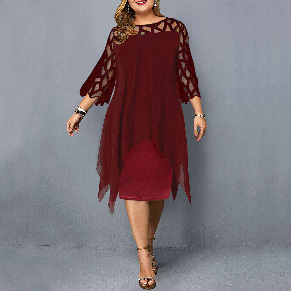 Ruby | Plus Size Embroidered Mesh Sheer Chiffon Asymmetric Midi 3/4 Sleeve Occasion Cocktail Dress Ladies