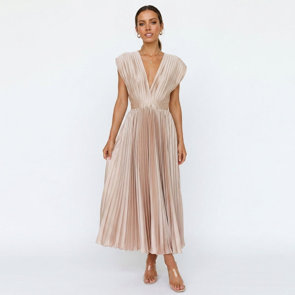Gina | V Neck Cap Sleeve Pleated Satin Fit And Flare Midi Occasion Wedding Guest Dress Women