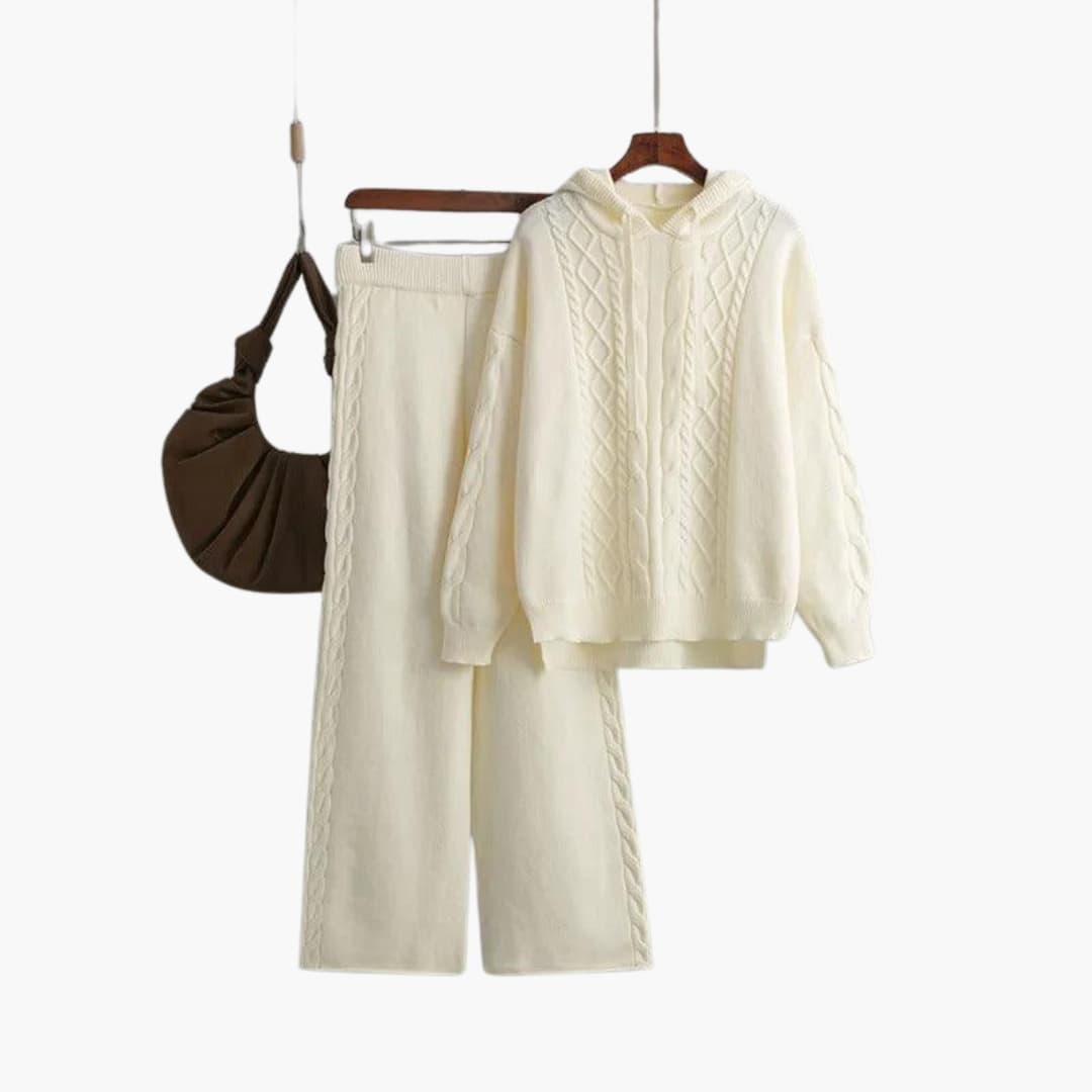 Nell | Knitted Long Sleeve Oversized Hooded Autumn Winter Wide Leg Trouser Co Ord Set Women