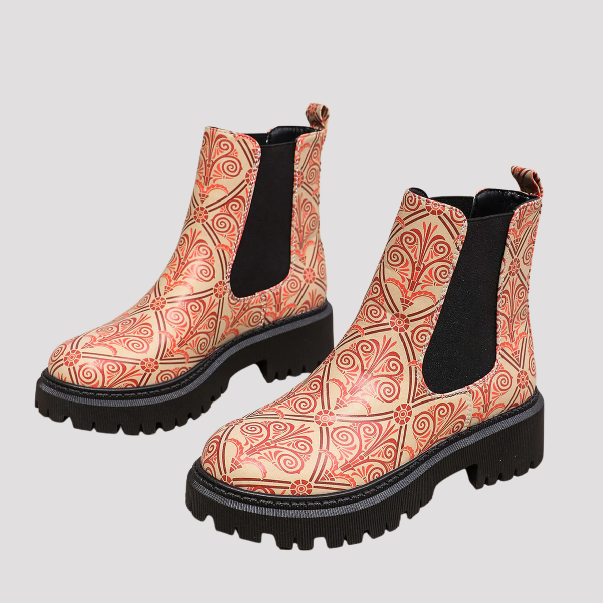 Romy | Printed Patchwork Round Toe Autumn Faux Leather Platform Chunky Chelsea Boots Women