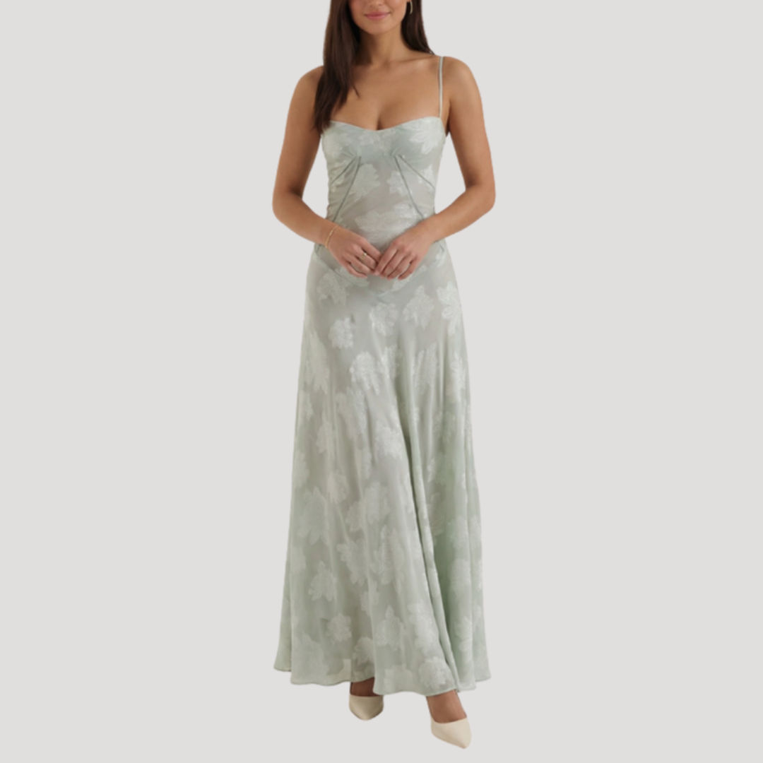 Ember | Floral Embroidered Strappy Open Back Corset Lace Up A Line Evening Occasion Maxi Dress Women