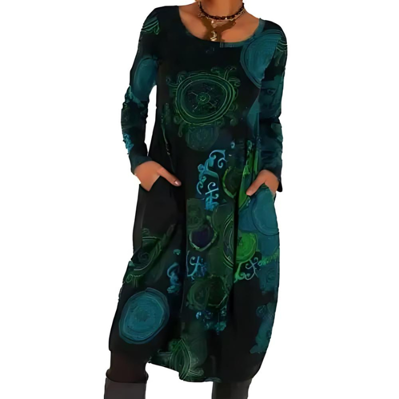 Maya | Flowy Printed Pocket Autumn Midi Long Sleeve Dress Women