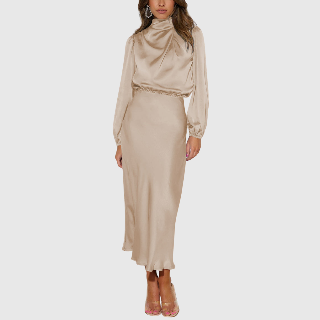 Elodie | Modest High Neck Draped Long Sleeve Elasticated Waist Satin Midi Wedding Guest Evening Dress Women