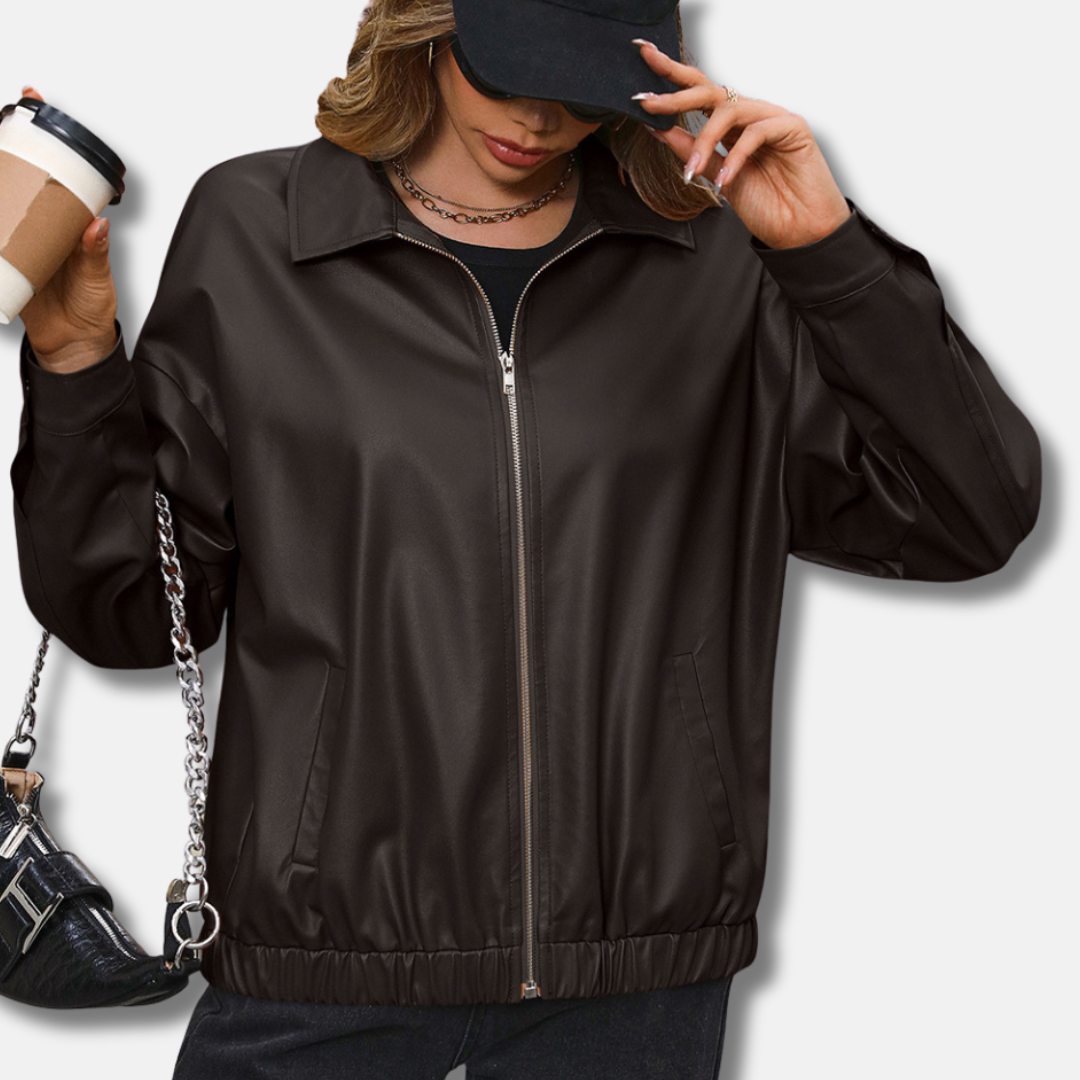 Beth | Collared Zip Up Pocket Elasticated Hem Autumn Faux Leather Oversized Bomber Jacket Women