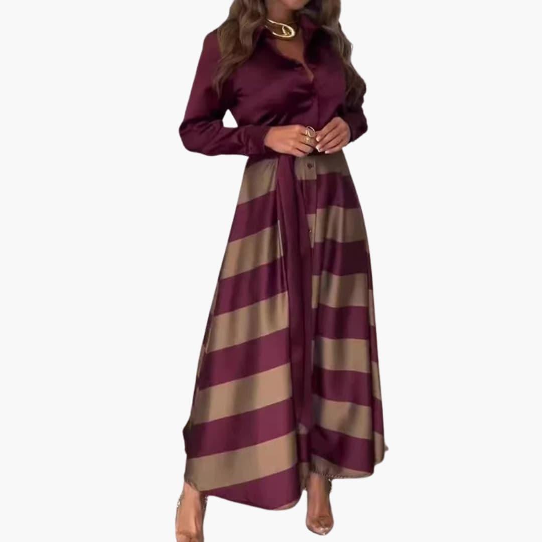 Tilly | Striped Belted Satin Button Down Long Sleeve Maxi Collared Autumn Dinner Shirt Dress Ladies