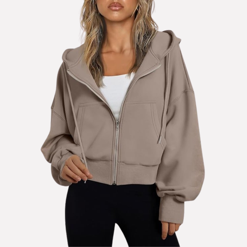 Coco | Zip Up Drawstring Ribbed Pockets Long Sleeve Oversized Autumn Cropped Hoodie Women
