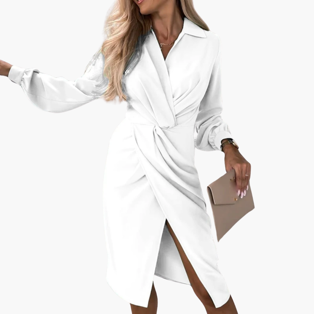 Nora | Ruched Collar Long Sleeve Slit Midi Twist Front Autumn Dinner Wrap Dress Women