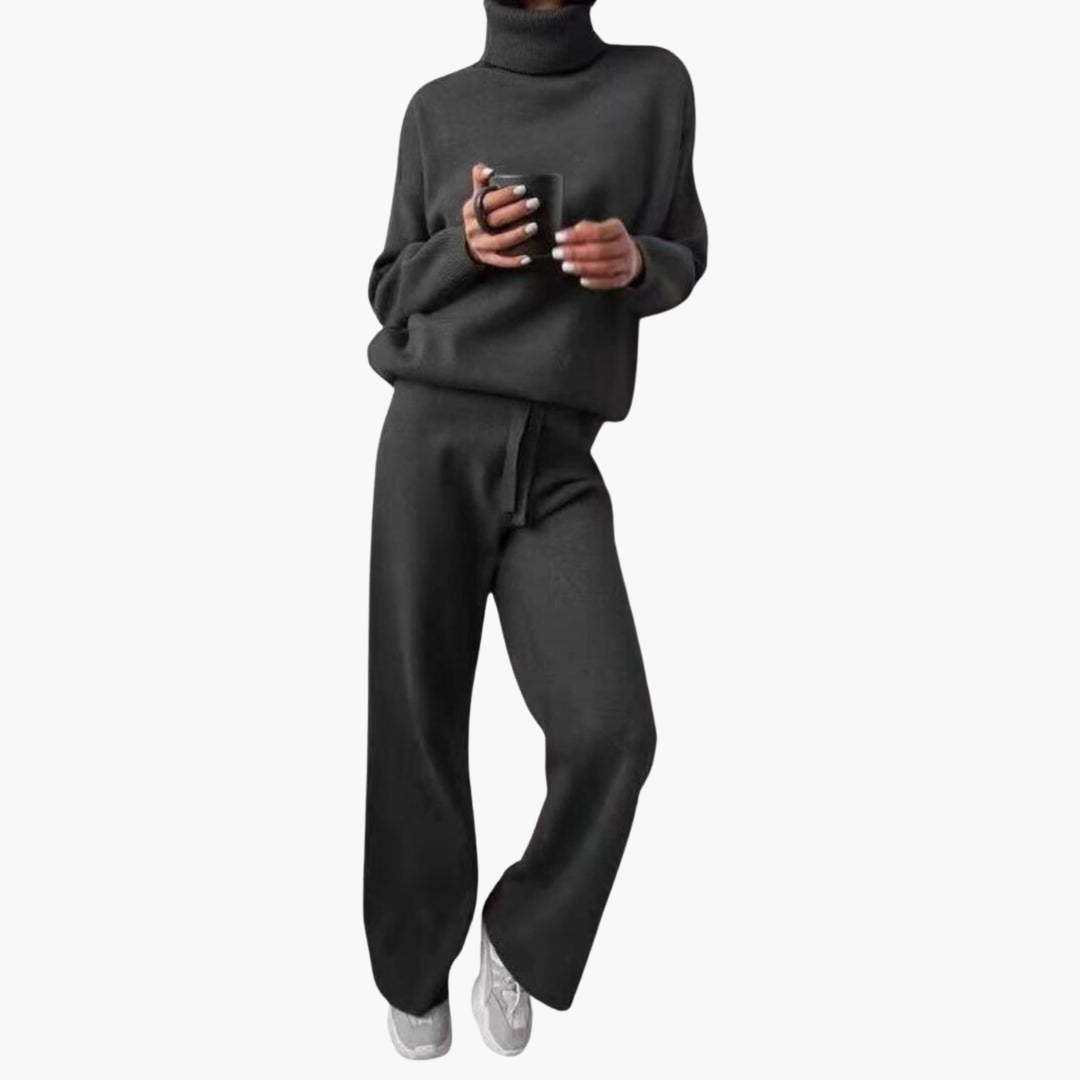 Shay | Long Sleeve High Neck Oversized Knitted Wide Leg Trouser Tie Waist Co Ord Set Women