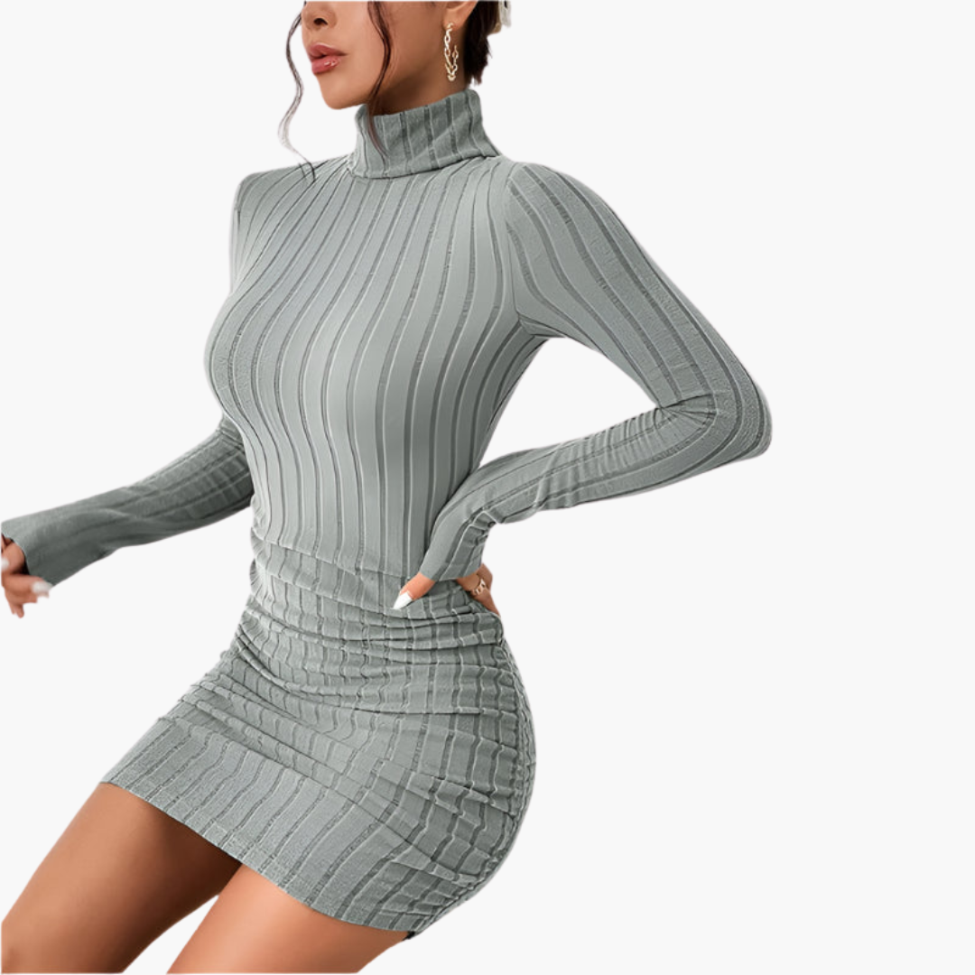 Anya | Roll Neck Long Sleeve Bodycon Ruched Autumn Ribbed Knit Mini Jumper Dress Women