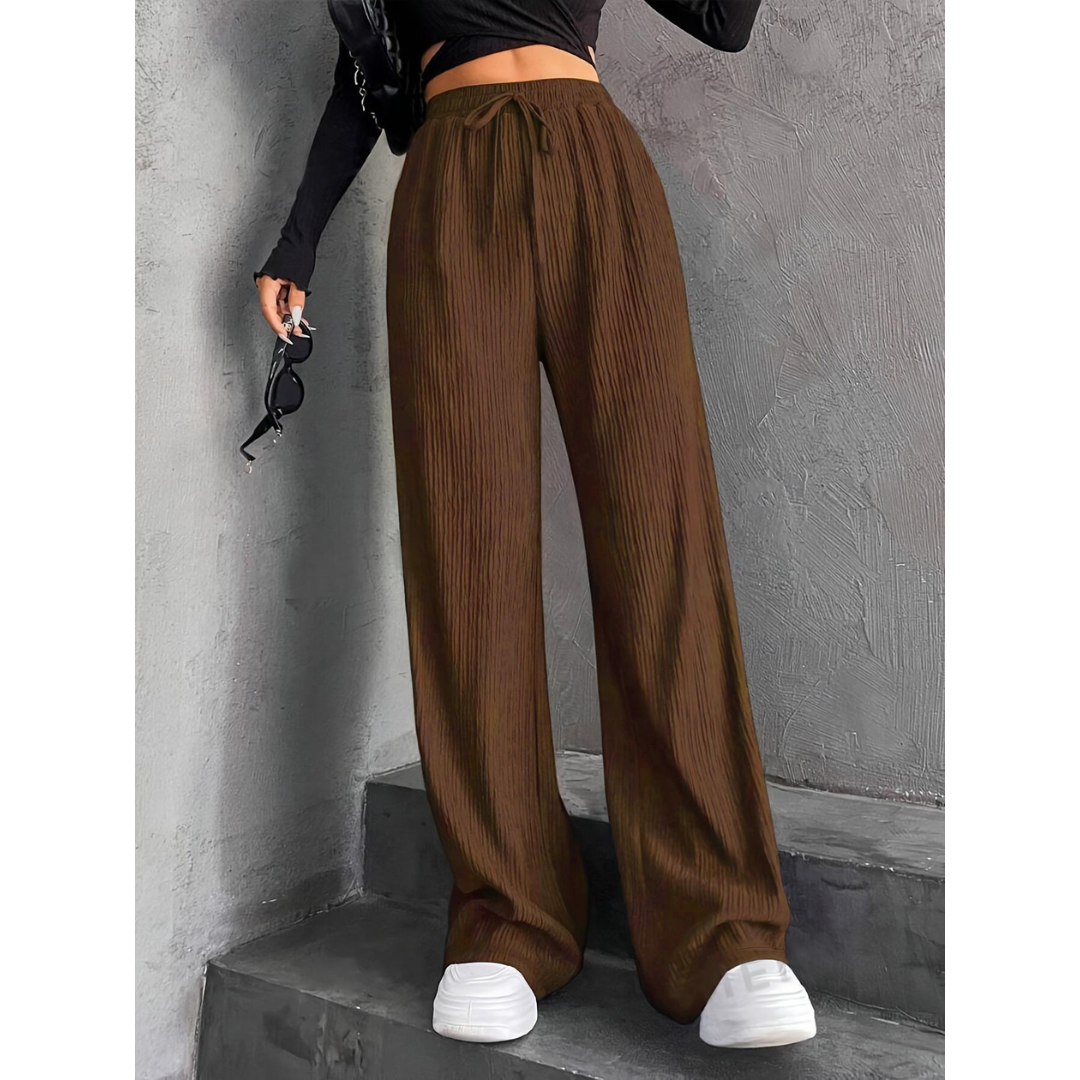 Faye | Knitted Loose Ribbed Drawstring Elasticated High Waisted Flowy Wide Leg Trousers Women