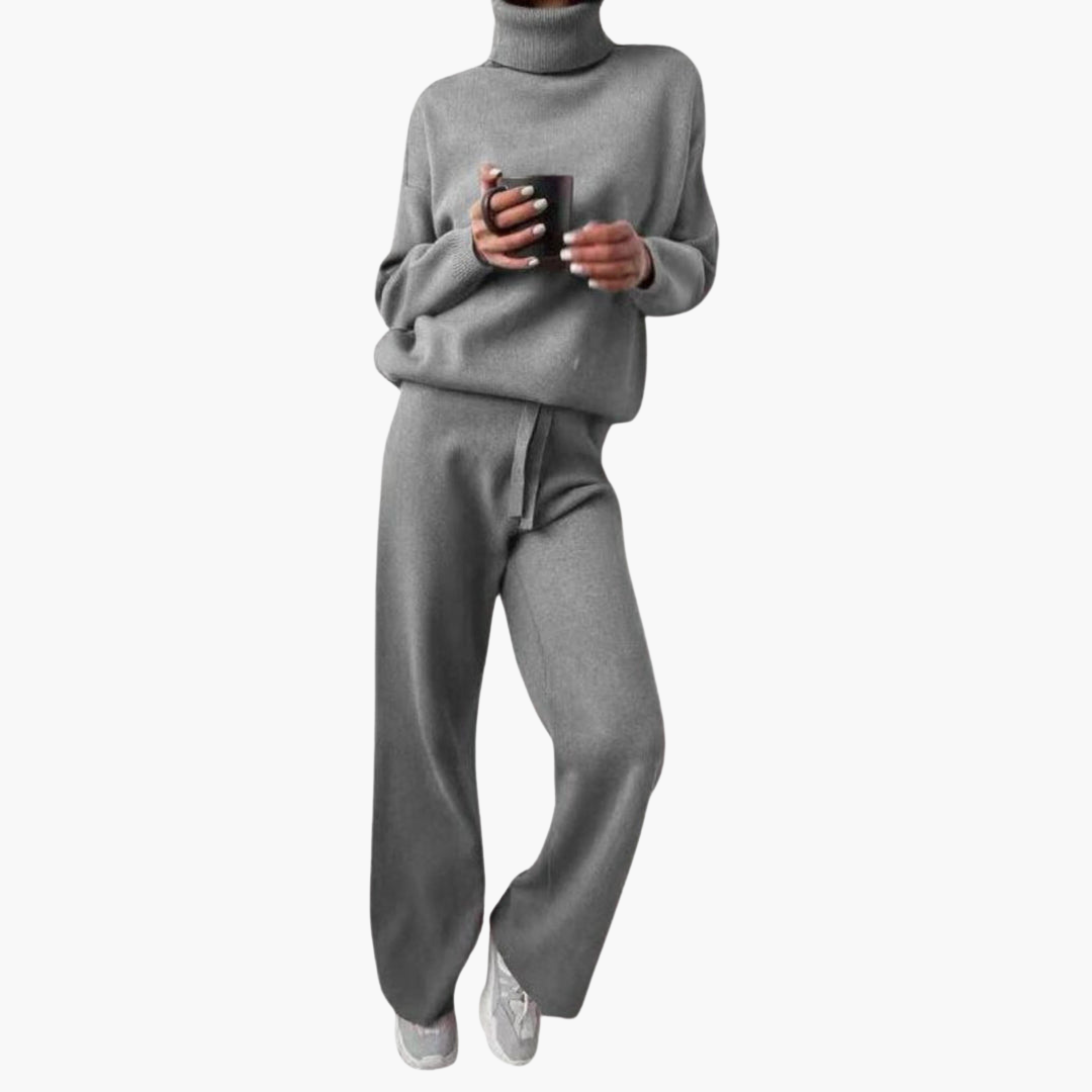 Shay | Long Sleeve High Neck Oversized Knitted Wide Leg Trouser Tie Waist Co Ord Set Women